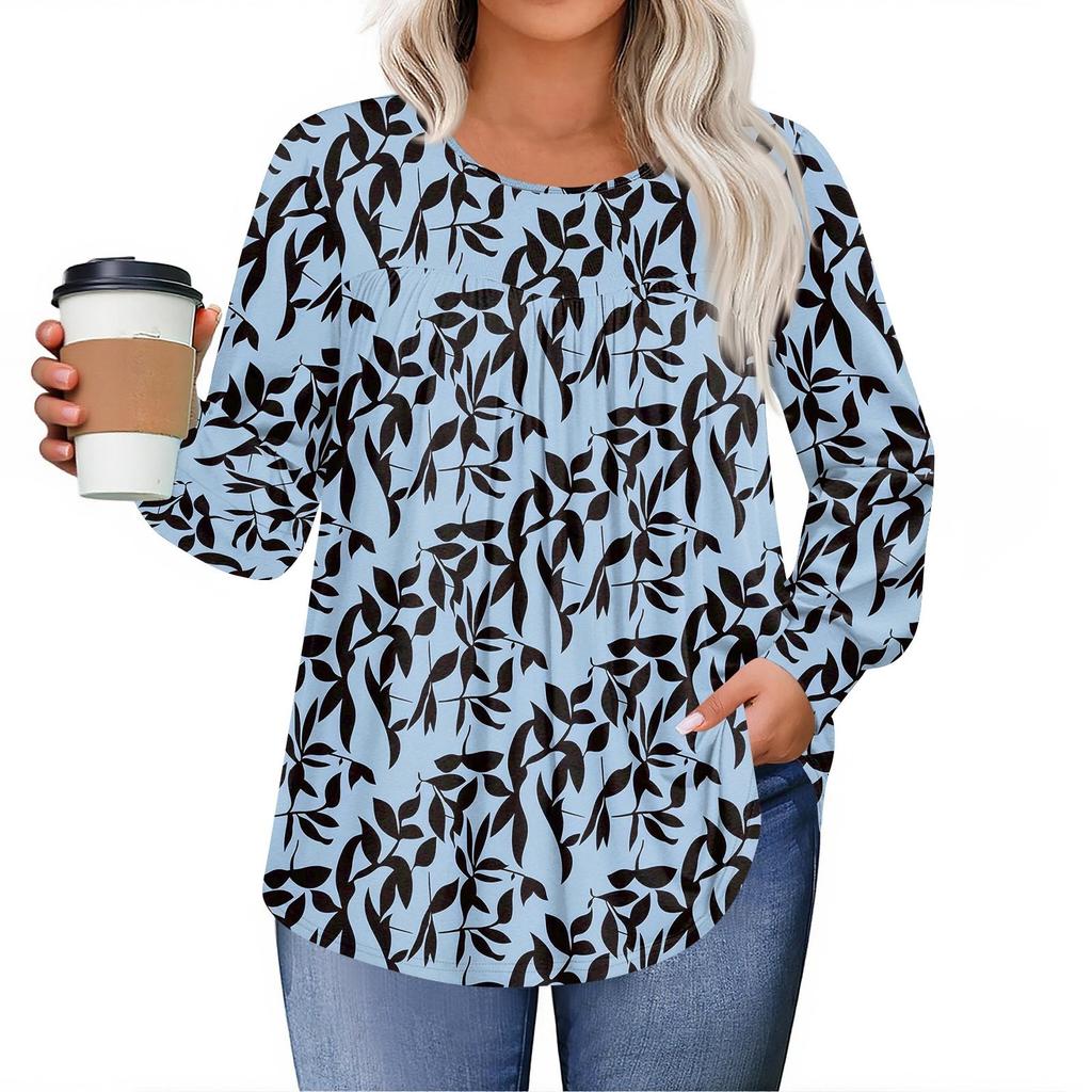 Womens Plus Size Tops Long Sleeve Shirts Round Neck Flowy Tunic Casual Loose Blouse L-5X