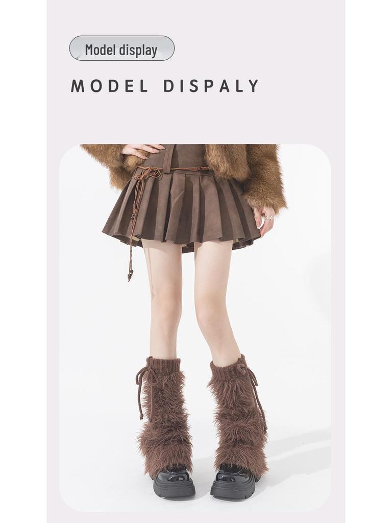 Женские меховые гетры на шнуровке - Толстые, плюшевые, в стиле Y2K для осени/зимы