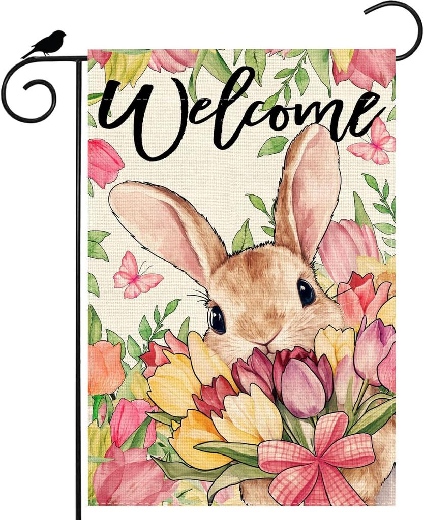 Welcome Tulips owers Bunny Rabbits Easter Garden ag 12x18 Inch Double Sided Small Mini Yard ag Outdoor Outside Holiday