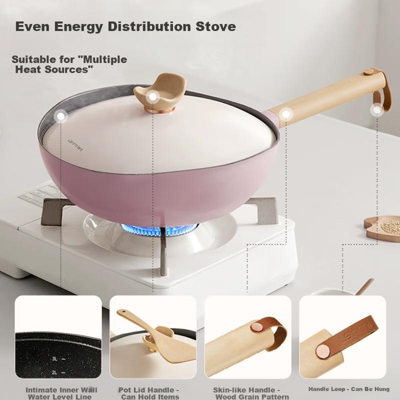 Lanmi Titanium Non-Stick Wok with Handle, Flat Bottom Frying Pan, Cooking Pan, Low Smoke, for Home Use on Gas, Induction, And Open Flame Stoves, 30cm