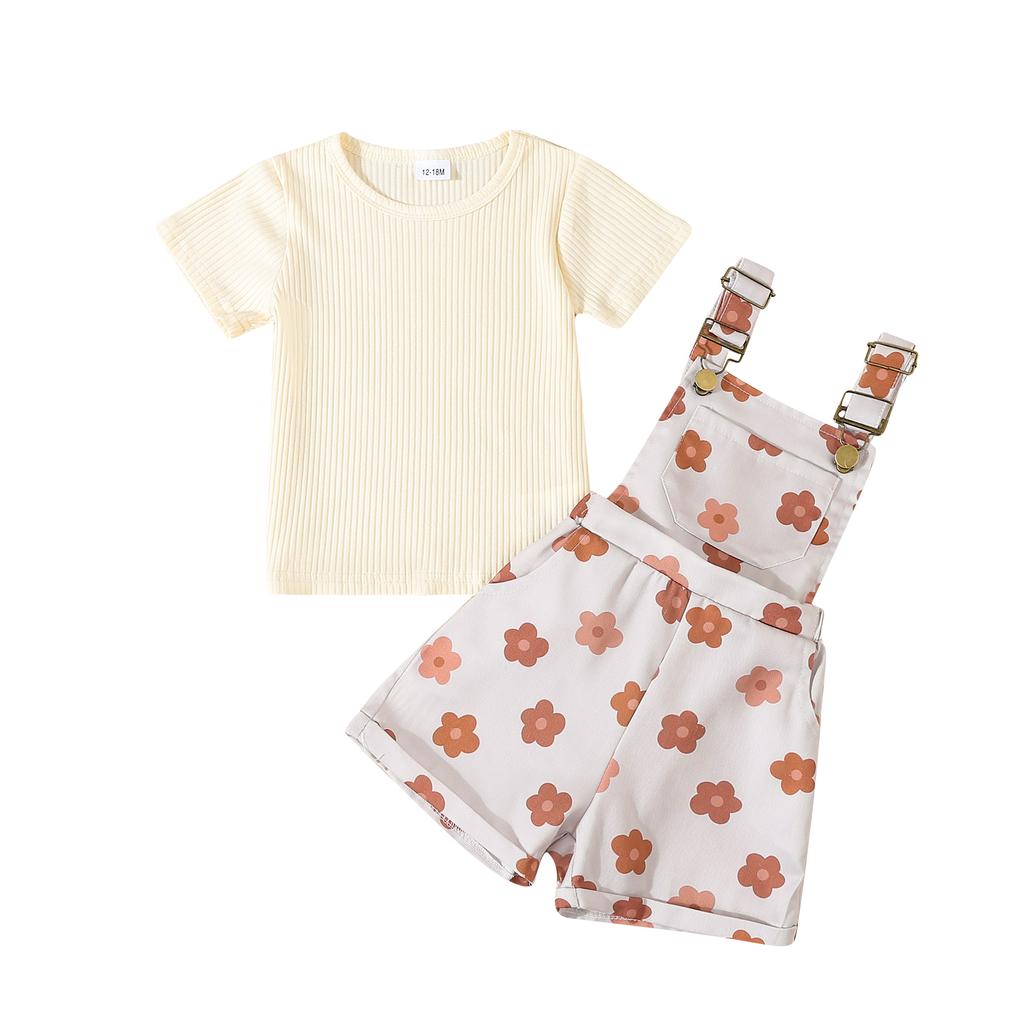 Toddler Girl Summer Outfit Solid Color Ribbed Short Sleeve Tops and Flower Print Suspender Shorts Overalls 2Pcs Clothes Set