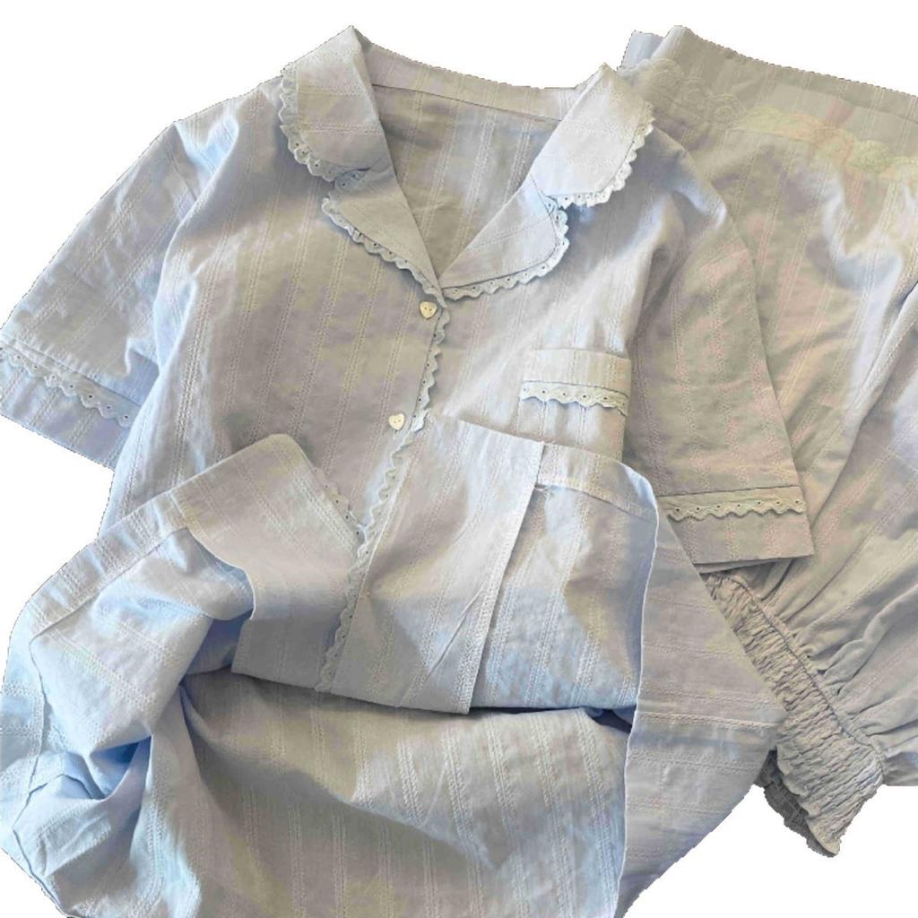 Gentle wind short-sleeved pajamas women's pure cotton can be worn outside cardigan shorts loungewear large size set 1011 new models