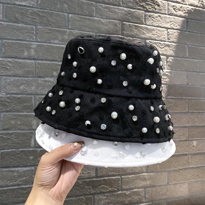 Full diamond pearl thin fisherman hat children summer outdoor sunshade sun protection hat ins wind beach travel basin hat