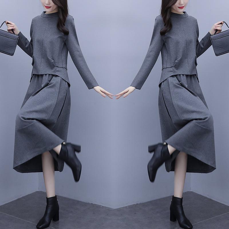 Женское платье-двойка больших размеров с длинными рукавами - коллекция осень/зима 2020, стильная повседневная мода для полных людей с небольшим весом.