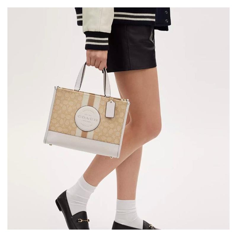 COACH Dempsey 30 Embossed Logo Stripe Classic Presbyopic Snaps Pebble Jacquard and Leather Shoulder Handbag Large Women's Gold and Light Khaki Chalk