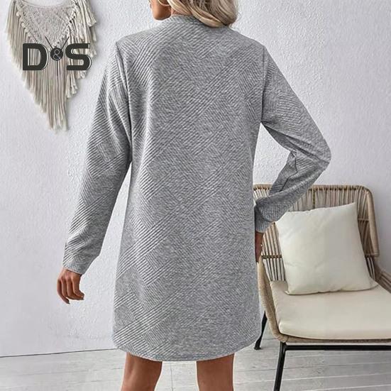 Платье весна-осень с фактурными длинными рукавами и круглым вырезом, однотонное свободное прямое мини-платье, короткое платье-пуловер для поездок на работу, свиданий, путешествий