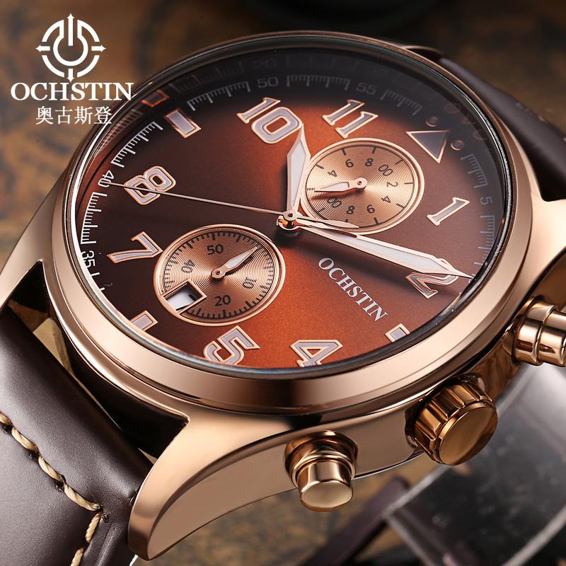 Multifunctional Chronograph Men Watch Luminous Hands Calendar Display Leather Strap Analog Quartz Wrist Watches