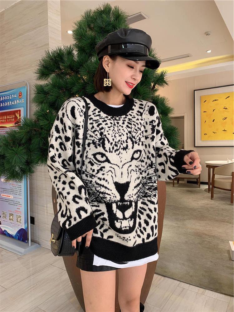 Свободный свитер с круглым вырезом и леопардовым принтом, женский эластичный вязаный нижний свитер с длинными рукавами, пуловер, женский, весна-осень 2020