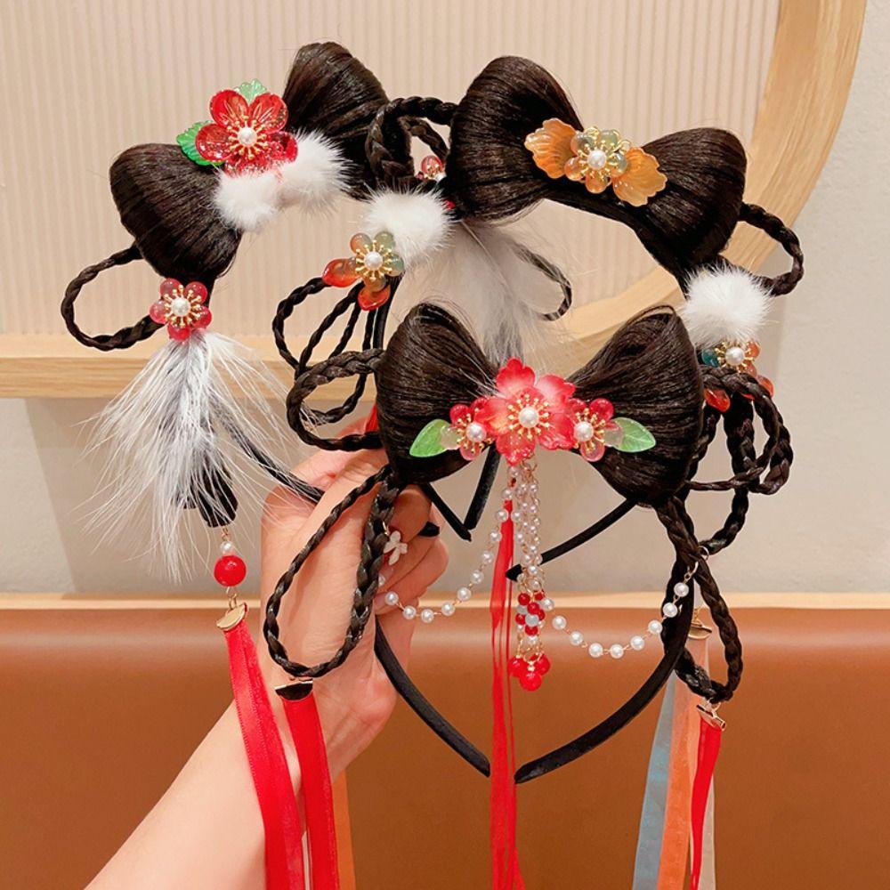 Braid Hair Chinese New Year Headwear Flower Hanfu Hair Sticks All-match Red Bow Hairband Girls