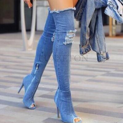 Мода Модные женские туфли на высоком каблуке весна осень Сапоги выше колена с открытым носком Узкие джинсы на высоком каблуке Сапоги ковбойские женские