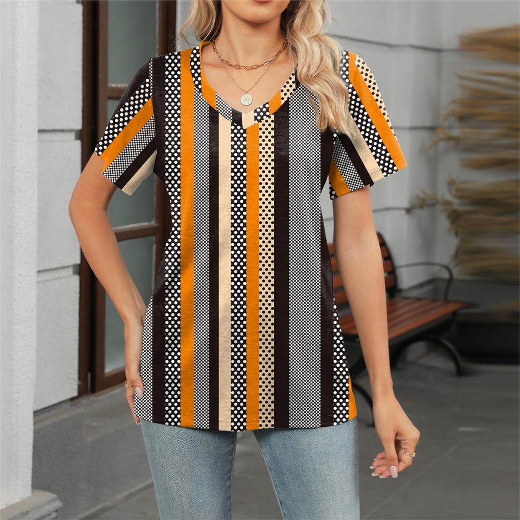 Women's Fashion V Neck Floral Print Short Sleeved Pullove T-shirt Top