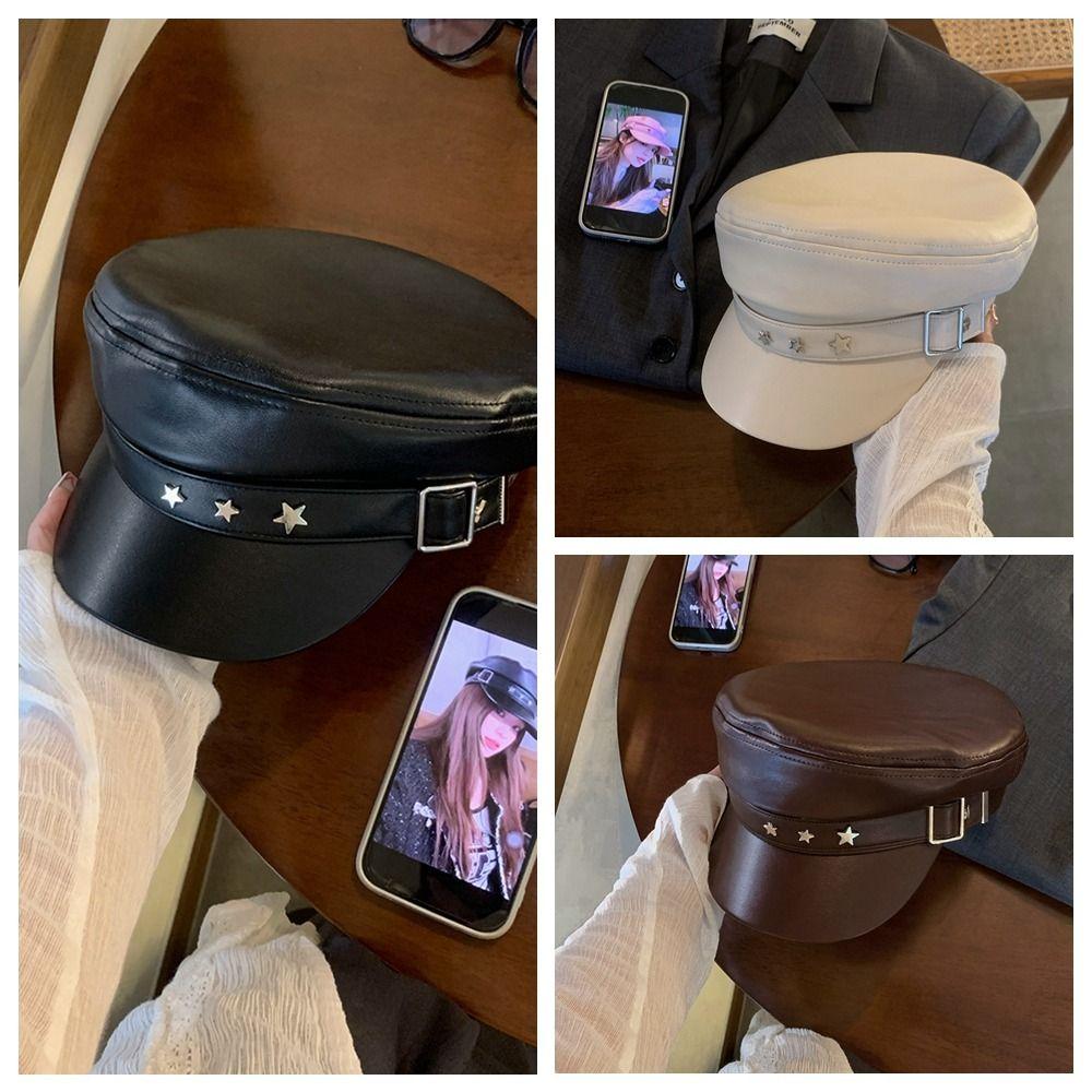 British Style Octagonal Hat Korean Style Painter Hat Personality Pu Leather Beret Outdoor
