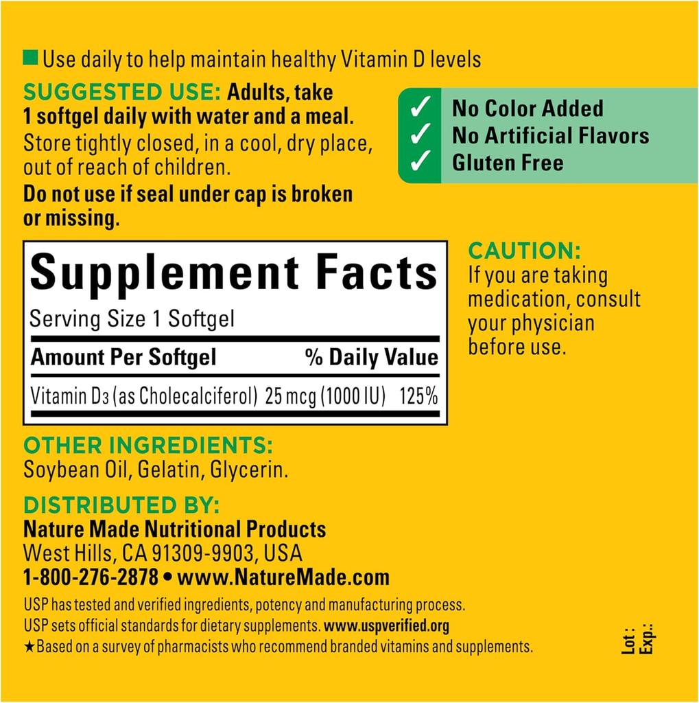 Nature Made Vitamin D3, 300 Softgels, 1000 IU (25 mcg) supports immune health, strong bones and teeth, 1PCS