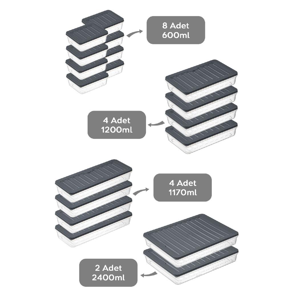 18 Piece Storage Container, Microwave Compatible Storage Container 2x2400ml 4x1200ml 4x1170ml 8x600ml Anthracite