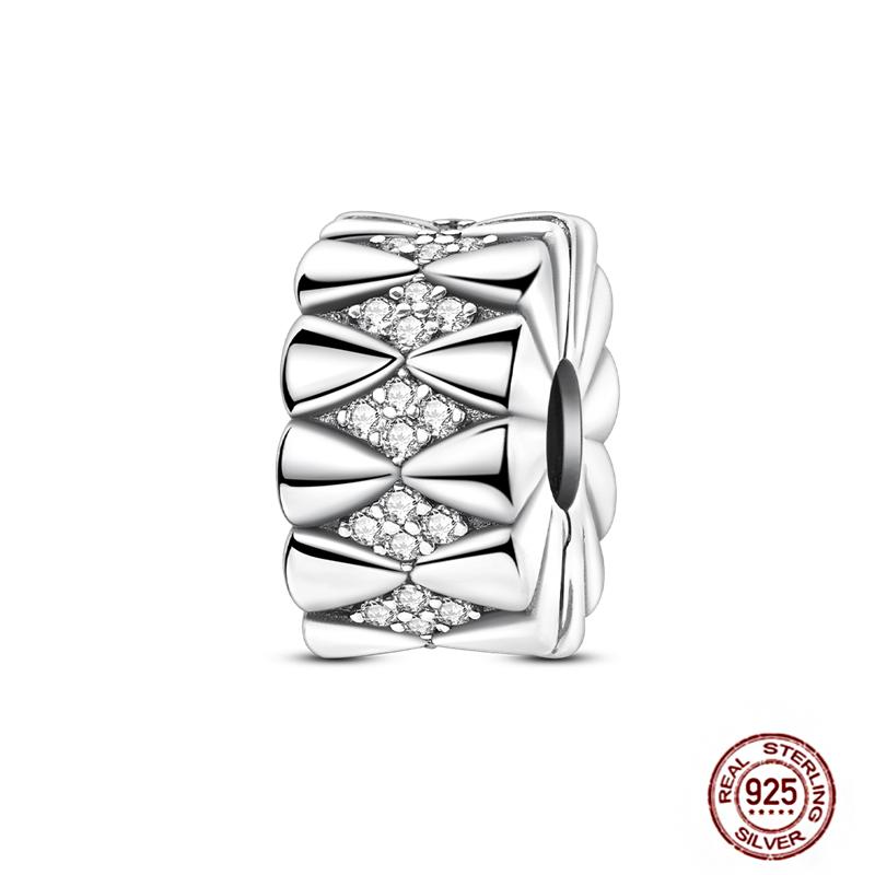 Round 925 Copper Clasp Pave Clip Charms Blue Star Moon Butterfly Slide Safety Chains Spacer Beads Fits Original Bracelet Zircon