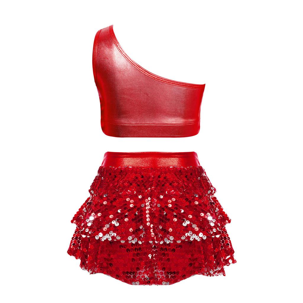 Детский комплект танцевальной одежды из 2 предметов с блестками для девочек, укороченный топ с эффектом металлик и юбка, костюм для джазового латиноамериканского выступления