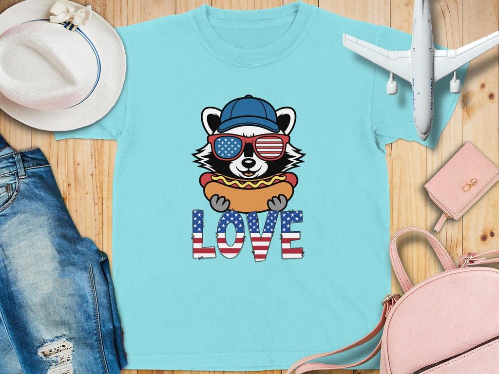 Patriotic Raccoon Hot Dog T-Shirt | 4th of July American Flag Tee | Summer BBQ Shirt