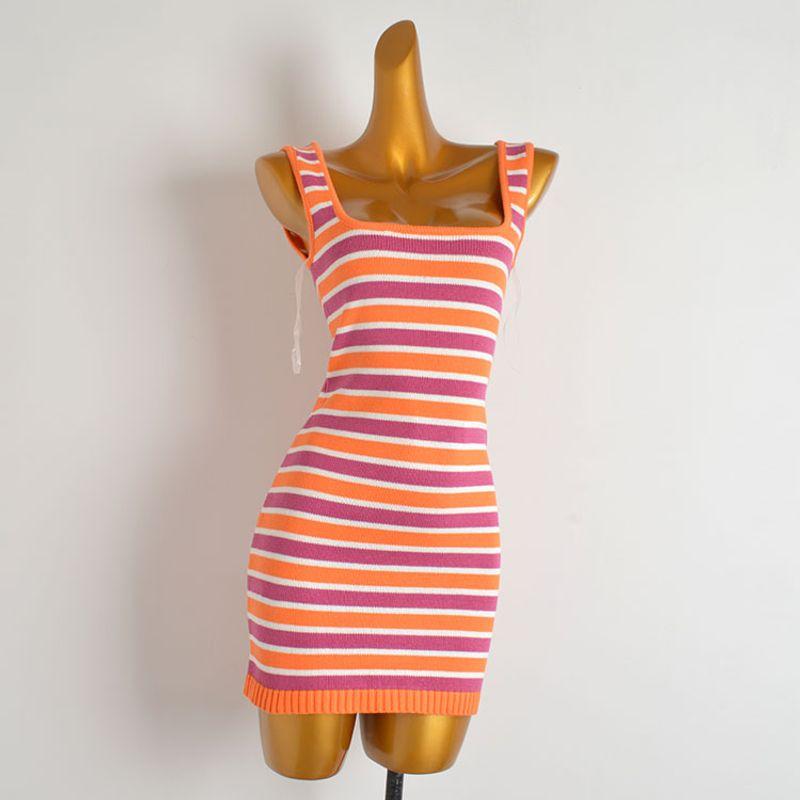 New Arrival Contrast Color Stripes Sexy Cut Out Spaghetti Straps Knitted Dress Women's Clothing Open Back Mid Length Long Length Bodycon Dress