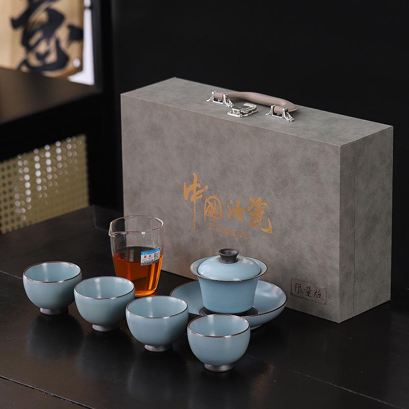 High-end iron tire Ru kiln tea set Tianqing master Ru kiln Ru porcelain tea making Kung fu cover bowl teacup gift