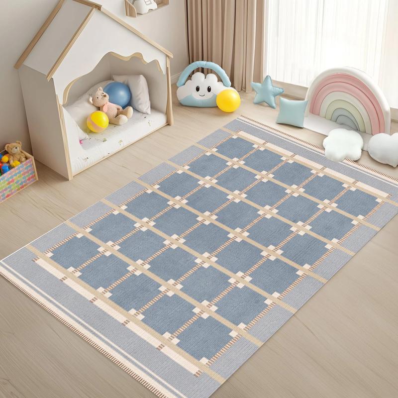 Boho Checkered Kids Area Rug Green Pink Geometric Print NonSlip Floor Mat for Playroom Nursery Living Room Cute Home Decor
