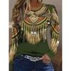 Retro Women's Long-Sleeve T-Shirt Western Ethnic Floral Round Neck T-Shirt Top 2025 Fall OverSize Women's Clothing