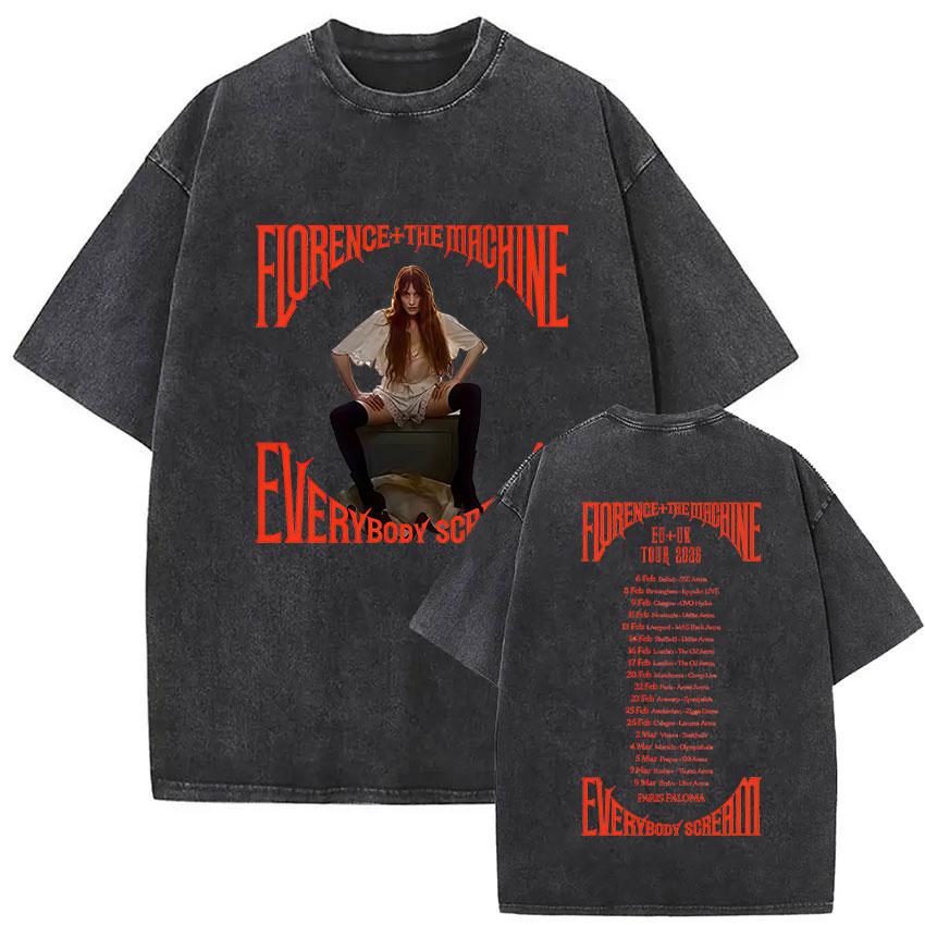 Florence and The Machine Tour Vintage Washed T Shirt Men Women Harajuku Aesthetic Oversized Cotton Tshirts Yk Streetwear