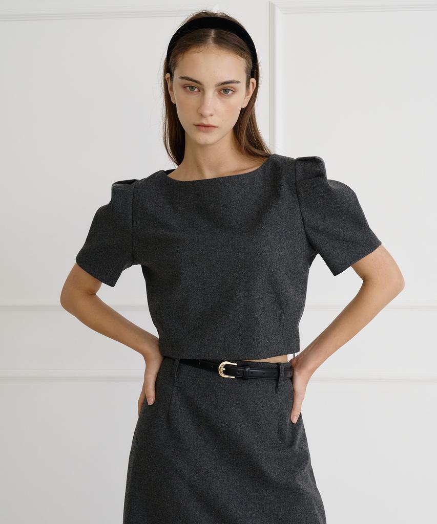 Bye Bye Seop [Set] Boatneck Wool Blouse + A-Line Long Skirt Charcoal