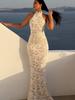 European and American advanced lace splicing sexy backless neck dress slim temperament hip wrap dress