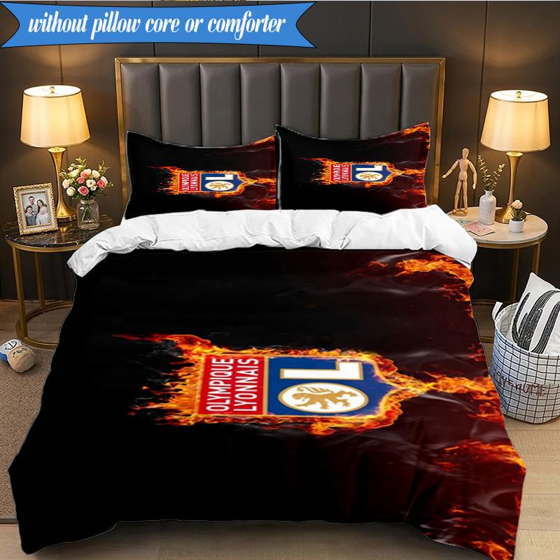 3PCS Olympique Football Crest Printed Soft Bedding Set,Including 1pc Duvet Cover And 2pcs Pillowcases Perfect for Bedroom, Dormitory, Fan gift
