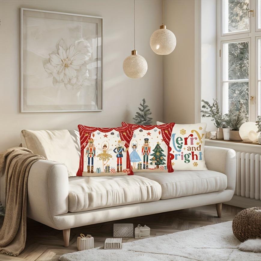 4Pcs 18Inx18In Christmas Throw Pillow Covers, Farmhouse Winter Holiday Plaid Decor Curtain Nutcracker Decorative Cushion Covers
