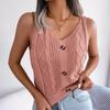 Women Spring Summer Leisure V Neck Solid Color Button Fried Dough Twists Top Vacation Knit Tops