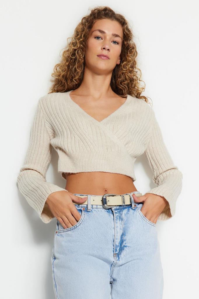 Women's Elegance Style Sweater Stone Crop Soft Textured Double Breasted Knitwear Sweater