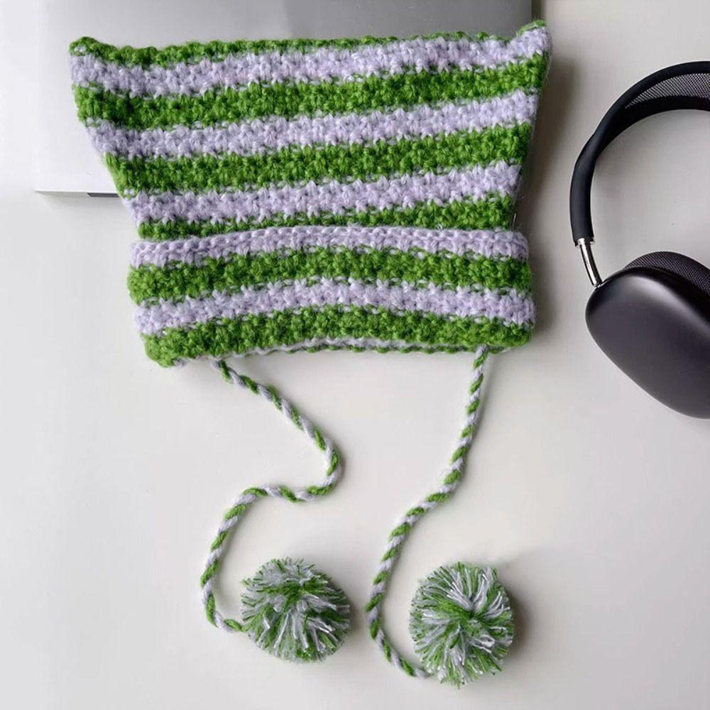 Шерстяная вязаная полосатая шапка-бини с милыми кошачьими ушками, остроконечная шапка-пуловер, вязаные шерстяные шапки, женская