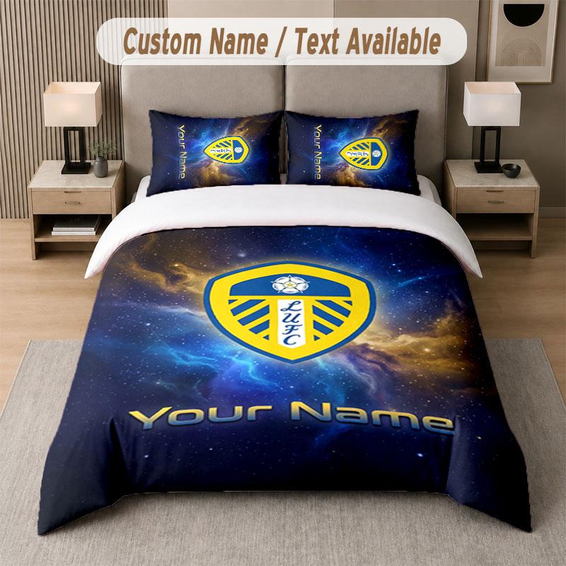 Custom Bedding Set Leeds United Pattern, Print Name Text 1 Duvet Cover plus 2 Pillowcases Home Textile