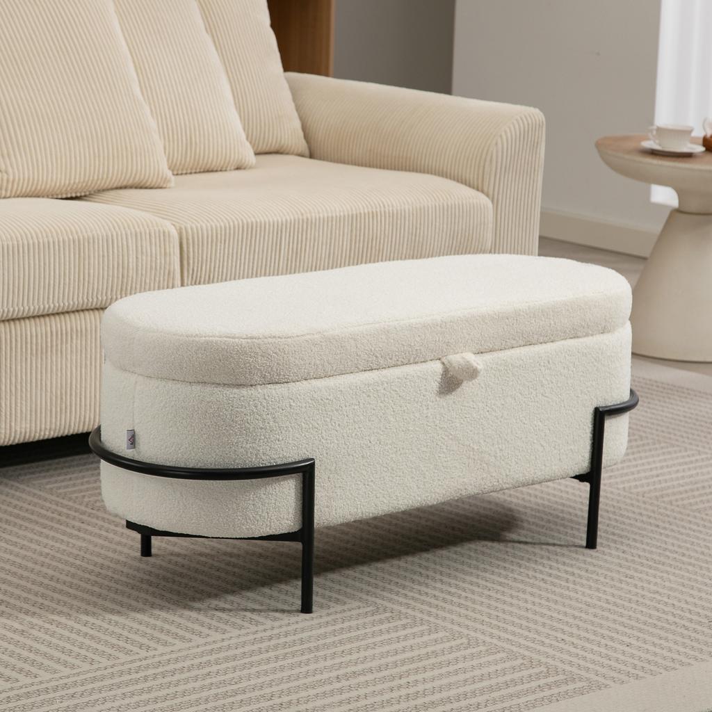 Storage Ottoman Seat Stool With Lid And Storage Steel Legs Upholstered Stool With Fleece Cover Cream White