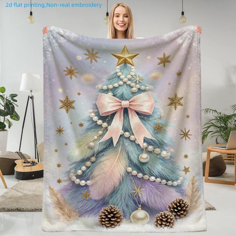 1pc Christmas Tree Snowflake Star Printed Blanket, Holiday Decor, Multi-Size Available, Autumn Thanksgiving Christmas Nap Blanket, Suitable for Living