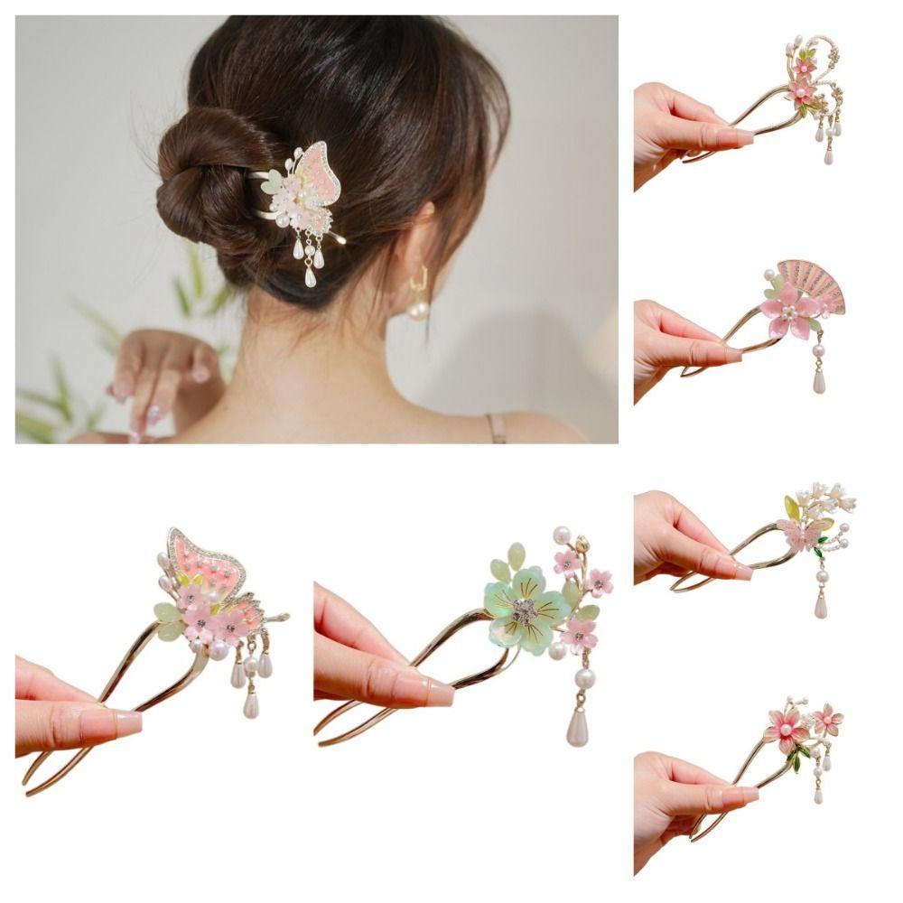 Tassel U Shaped Hair Stick Floral Hanfu Hair Stick Elegant Flowers Hair Stick  Ladies