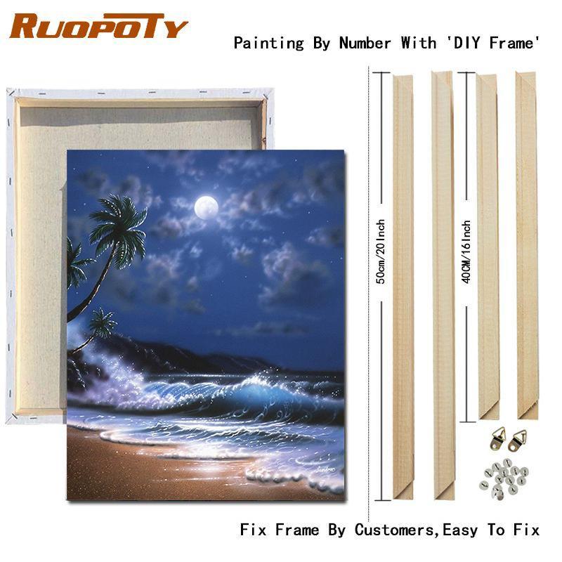 RUOPOTY DIY Painting By Numbers Moon Landscape Acrylic On Canvas Wall Art Picture By Numbers Seaside For Living Room