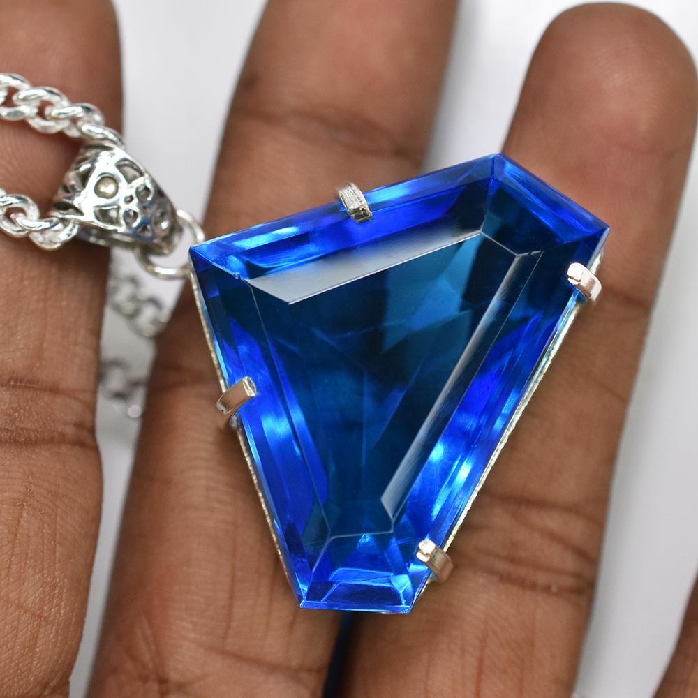 NATURAL Brazilian Blue Topaz 124 Ct Fancy 925 Sterling Silver Pendant