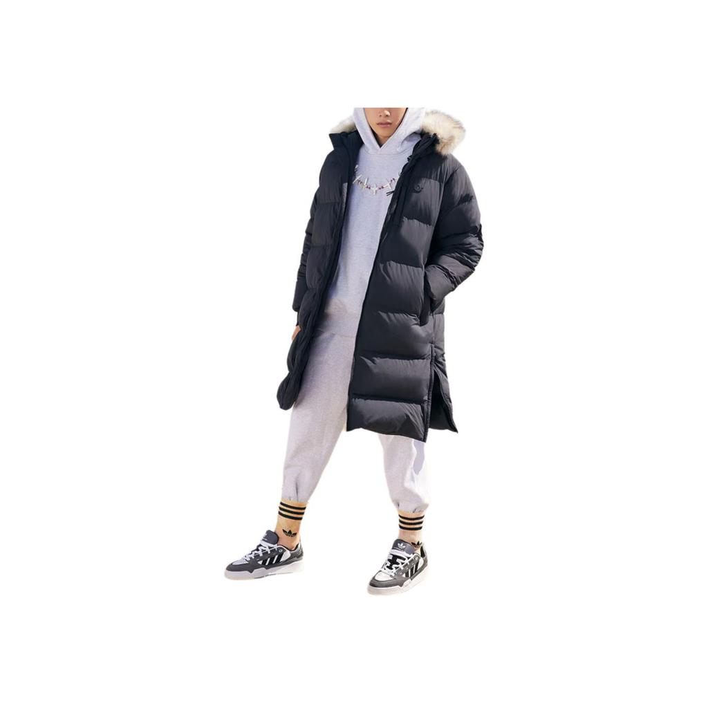 adidas Originals Trefoil Regen Puff Длинное однотонное пальто на утином пуху с капюшоном на молнии, мужская верхняя одежда, черный HL9194