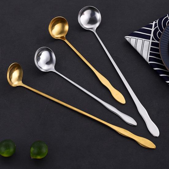 Ложка для перемешивания с длинной ручкой, пищевая удобная ручка, полированные столовые приборы из нержавеющей стали, мороженое, десерт