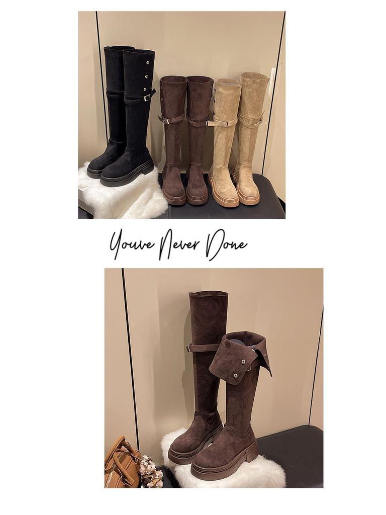 Stylish Two-Way Fold-Over Thick-Soled Women's Chunky-Heeled Knee-High Riding Boots for Autumn/Winter 2025.