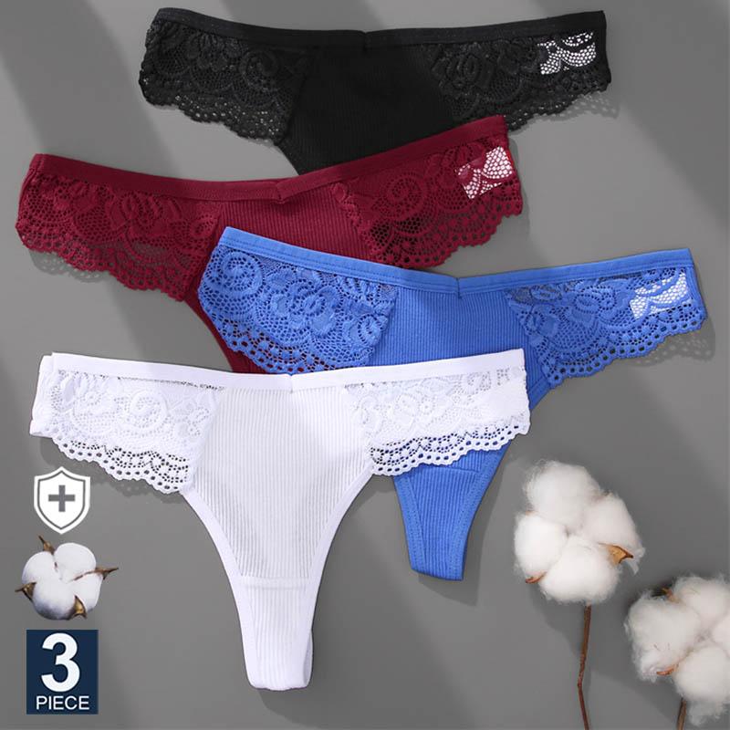3 шт./компл. женские хлопковые стринги, кружевные трусы-бикини, женские стринги, нижнее белье, мягкие трусики-стринги, женское нижнее белье S-XL