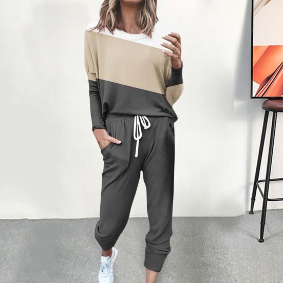 2 шт./комплект женский топ брюки костюм круглый вырез длинный рукав цветной блок спортивный свитшот завязка
