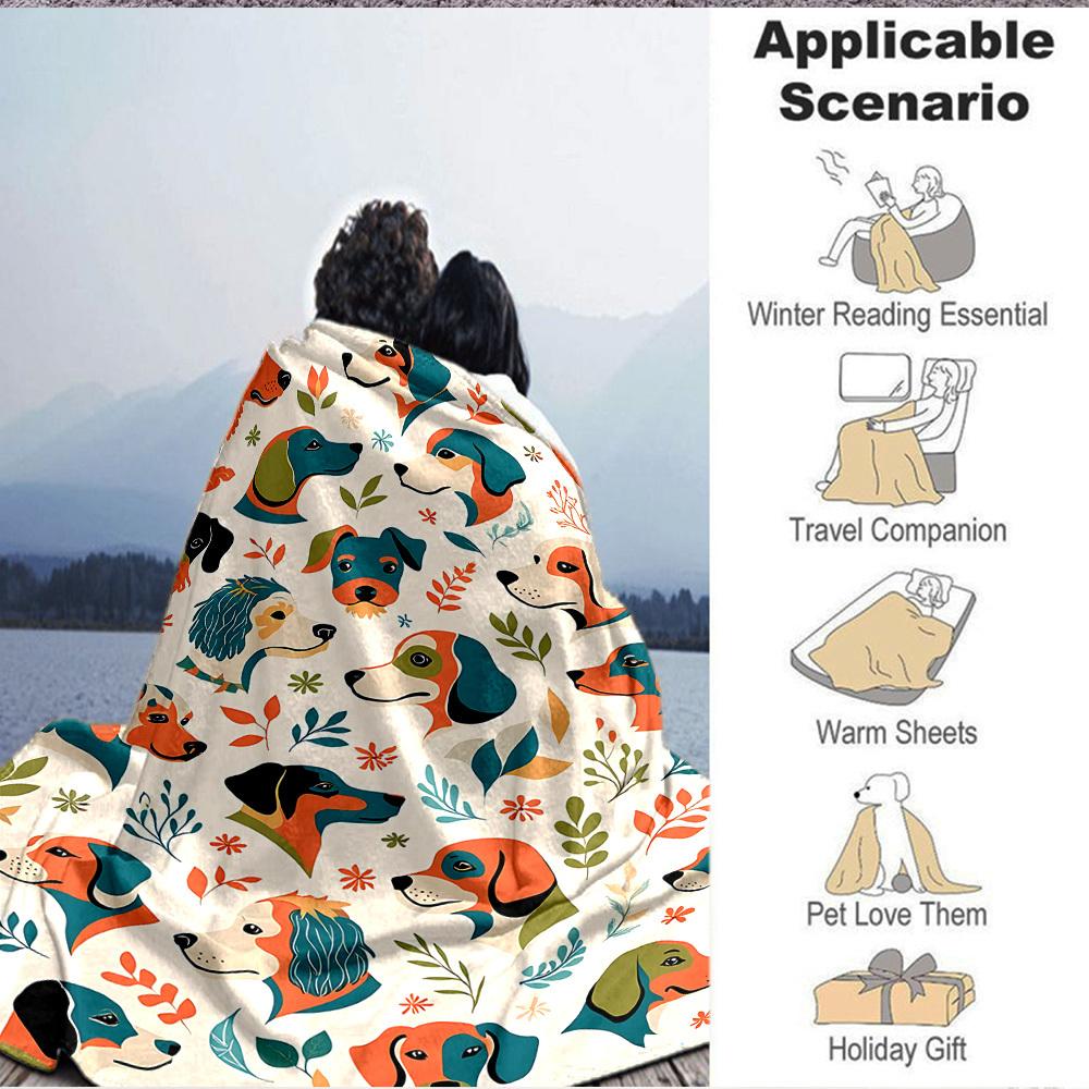 1pc Dogs Floral Lightweight Flannel Blanket, Comfortable and Warm Blanket, for Office and Camping Sofa Bed, Livingroom124