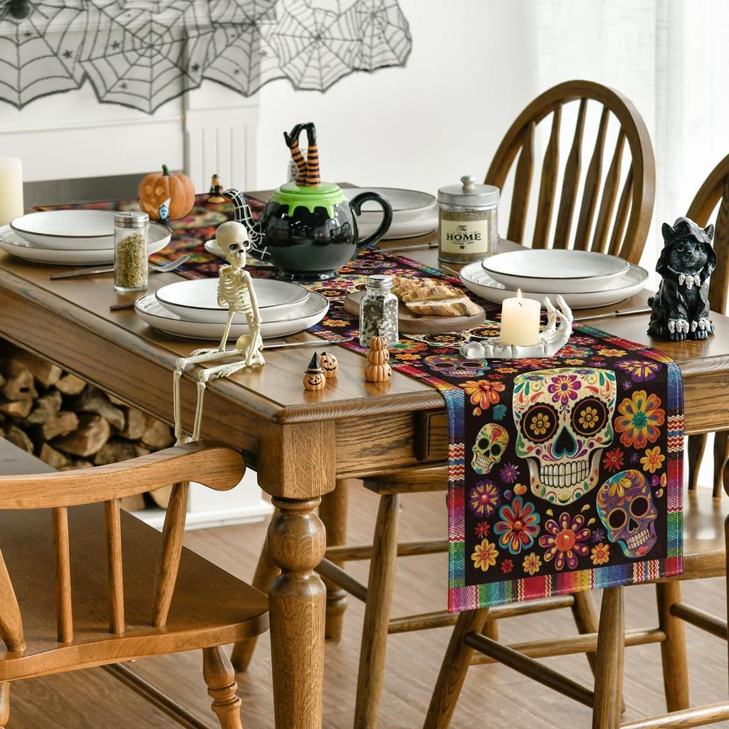 Artoid Mode Flowers Sugar Skull Mexican Day of The Dead Table Runner, Dia De Los Muertos Kitchen Dining Table Decoration for Home Party Decor 13x72