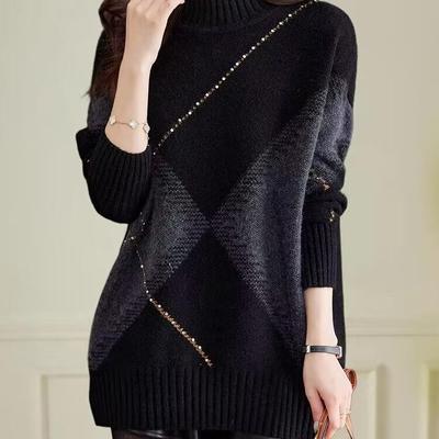 Вязаный свитер свободного большого размера для женщин с полувысоким воротником, осенне-зимний, средней длины, в стиле ленивый шик, закрывающий ягодицы, модный топ