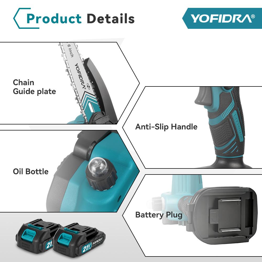 Yofidra 6-дюймовая цепная пила аккумуляторная электрическая пила деревообработка сад резка обрезка цепная пила электроинструмент для аккумулятора Makita 21V штифт