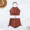 2Pcs/Set Women Summer Bikini Set Hollow Out Halter Bra High Waist Side Drawstring Swimming Trunks Set Bathing Suit Beachwear