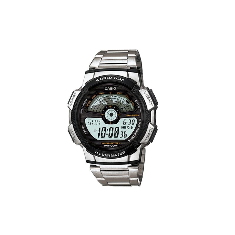 Casio Серия YOUTH - Цифровой дисплей с картой мира, Спортивный кварцевый механизм, Стальной ремешок, Японские и корейские часы, Мужские;s Часы AE-1100WD-1A